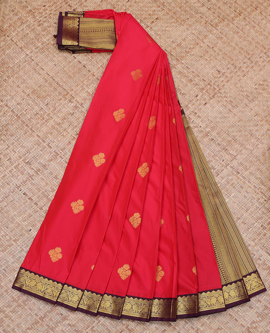 Red Budget Silk Saree, Prettified with Zari Buttas All Over Its Body, Complemented by a Contrast Traditional Zari Design Border of Peacocks, Pallu Features Geometric Designs, and Paired with a Contrast Blouse