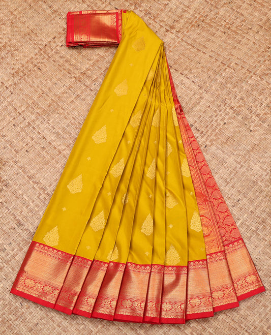 Yellow Budget Silk Saree, Sparsely Woven with Zari Buttas, Complemented by a Contrast Traditional Border, Grand Pallu, and Contrast Blouse