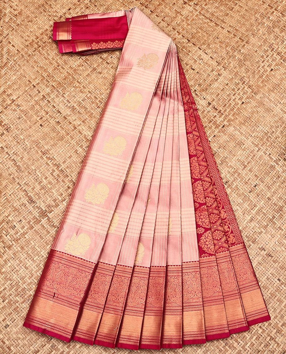 Pink Budget Silk Saree, Spotlighted with Zari Butta Enclosed Checks All Over Its Body, Complemented by a Contrast Traditional Zari Design Border, Grand Jaal Pallu, and Paired with a Contrast Blouse