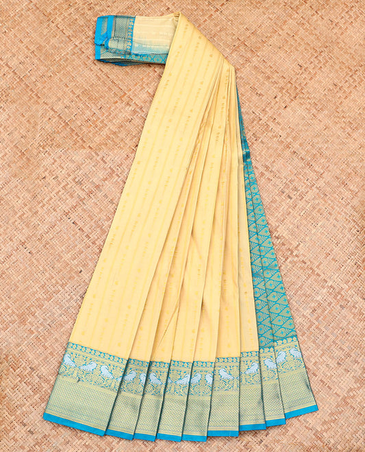 Sandal Budget Silk Saree, Subtly Sparkled with Zari Buttas on Its Body, Complemented by a Contrast Traditional Zari Design Border, Pallu of Jaal Design, and Paired with a Contrast Blouse
