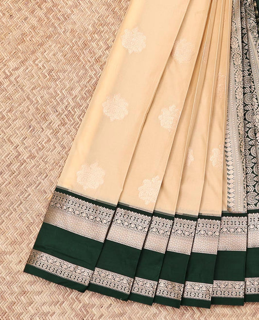 Sandal Budget Silk Saree, Sparsely Woven with Zari Buttas, Complemented by Contrast Traditional Zari Rettai Pettu Border, Grand Pallu, and a Contrast Blouse