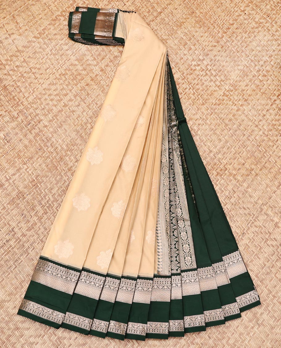 Sandal Budget Silk Saree, Sparsely Woven with Zari Buttas, Complemented by Contrast Traditional Zari Rettai Pettu Border, Grand Pallu, and a Contrast Blouse