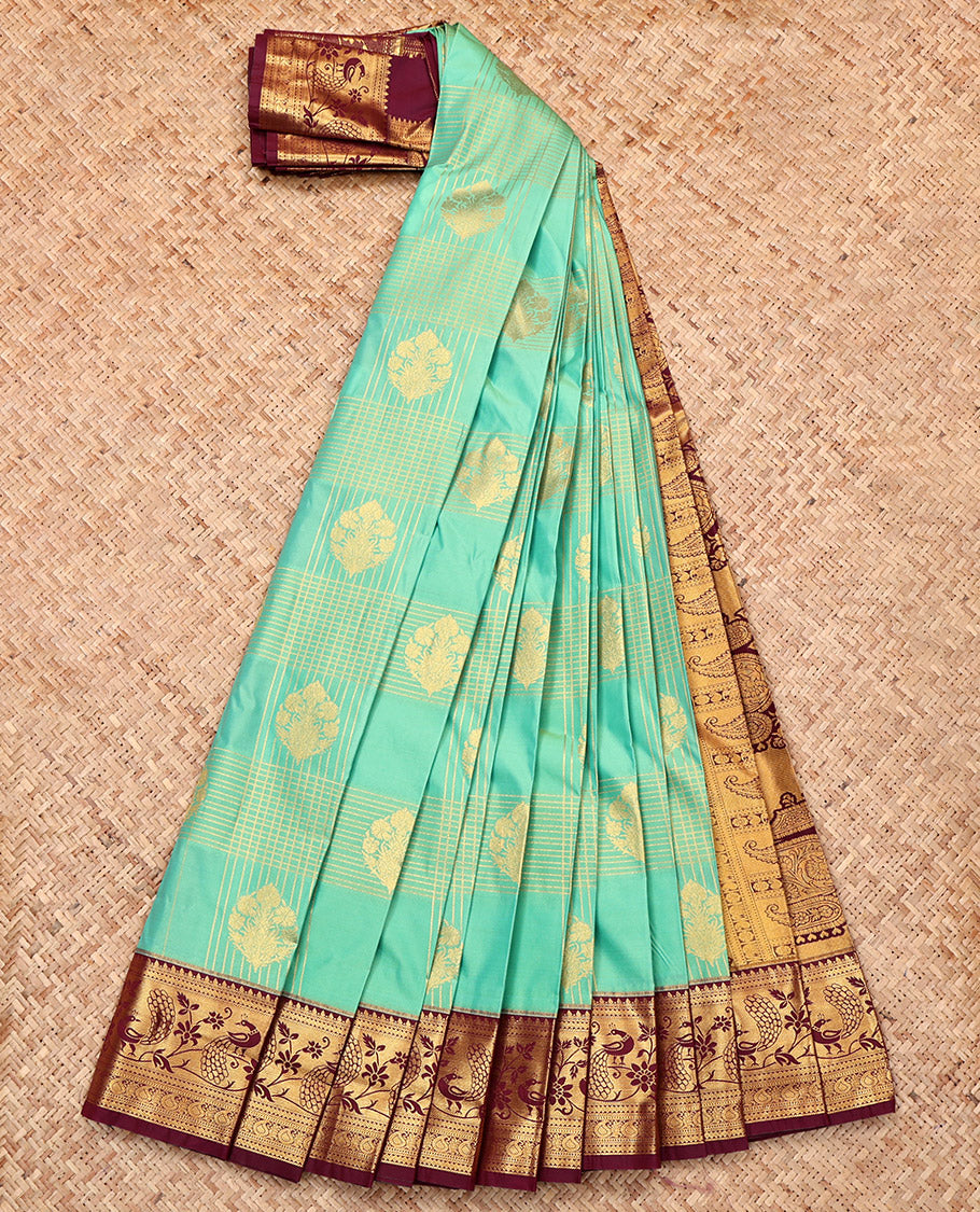 Turquoise Budget Silk Saree, Gracefully Embellished with Zari Butta Enclosed Checks, a Contrast Traditional Zari Border, Intricate Pallu, and a Contrast Blouse