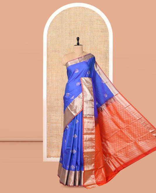 Blue Budget Silk Saree, Ornamented with Zari Buttas, Complemented by Contrast Floral Creeper Zari Border, Pallu of Jaal Designs, and Contrast Blouse
