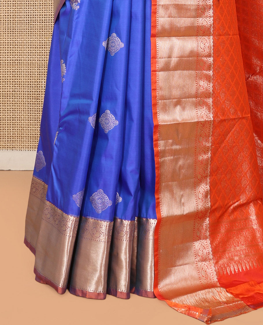 Blue Budget Silk Saree, Ornamented with Zari Buttas, Complemented by Contrast Floral Creeper Zari Border, Pallu of Jaal Designs, and Contrast Blouse
