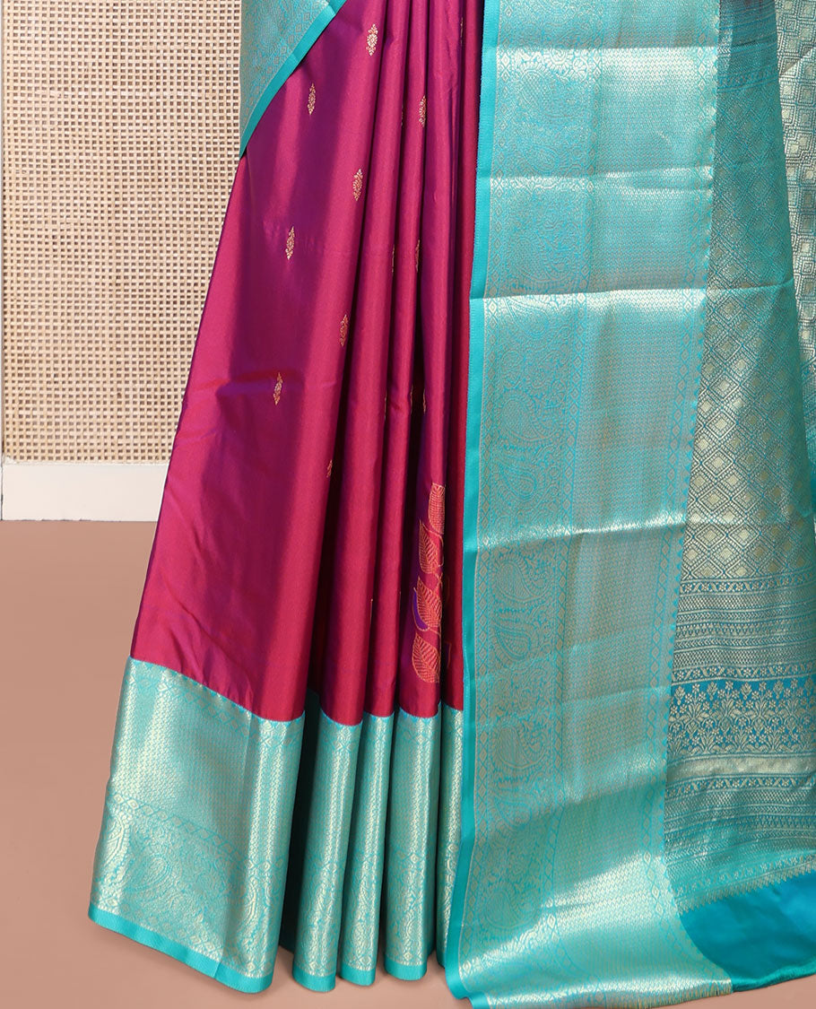 Magenta Budget Silk Saree, Subtly Enriched with Zari Buttas All Over Its Body, Complemented by a Contrast Traditional Zari Design Border of Paisleys, Grand Pallu of Jaal Designs, and Paired with a Contrast Blouse