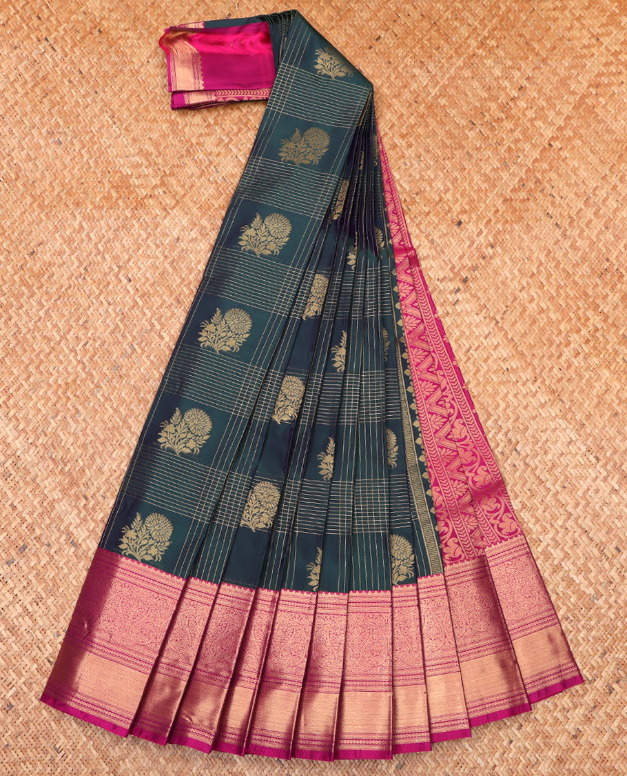 Green Budget Silk Saree, Subtly Sparkled With Zari Butta Enclosed Checks On Its Body, Complemented by Contrast Traditional Zari Designs Woven Border, Grand Pallu and Paired with a Contrast Blouse