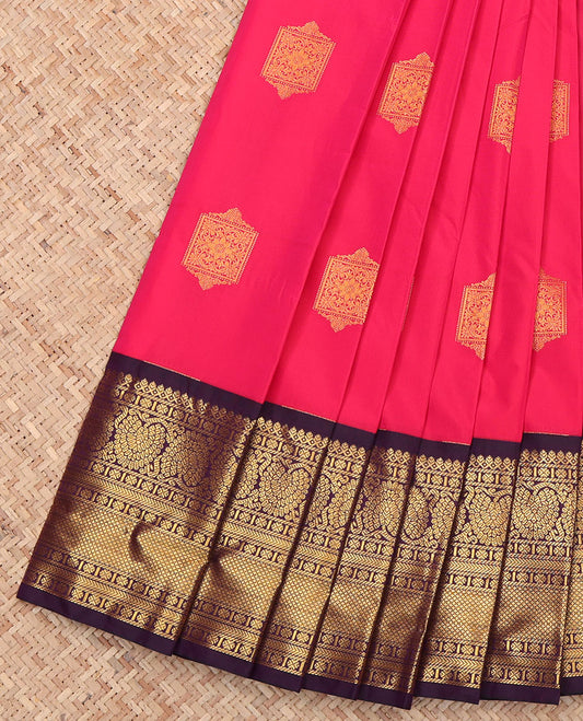 Pink Budget Silk Saree, Enriched with Zari Buttas All Over Its Body, Complemented by a Contrast Traditional Zari Design Border of Floral Creeper Designs, a Gleaming Pallu of Jaal Design, and Paired with a Contrast Blouse