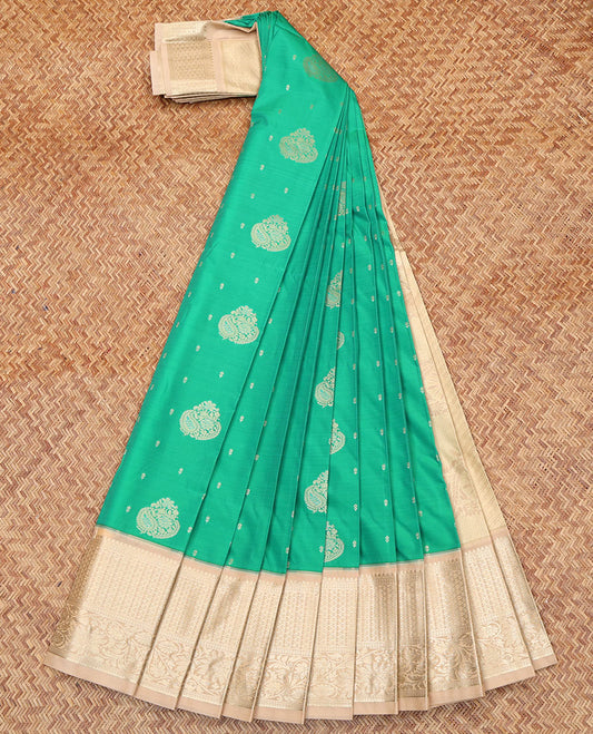 Green Budget Silk Saree, Detailed with Zari Buttas All Over Its Body, Complemented by a Contrast Traditional Zari Border, Pallu of Jaal and Paisleys, and Paired with a Contrast Blouse