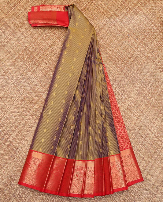 Green Budget Silk Saree, Beautified with Buttas and Stripes on Its Body, Complemented by a Contrast Traditional Zari Design Border, Grand Jaal Pallu, and Paired with a Contrast Blouse