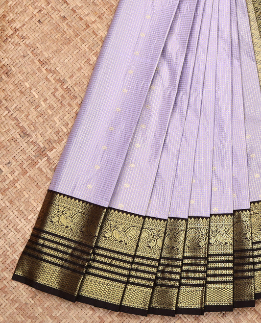 Light Grey Budget Silk Saree, Woven with Zari Buttas All Over Its Body, Complemented by a Contrast Traditional Zari Design Border, Grand Pallu, and Paired with a Contrast Blouse