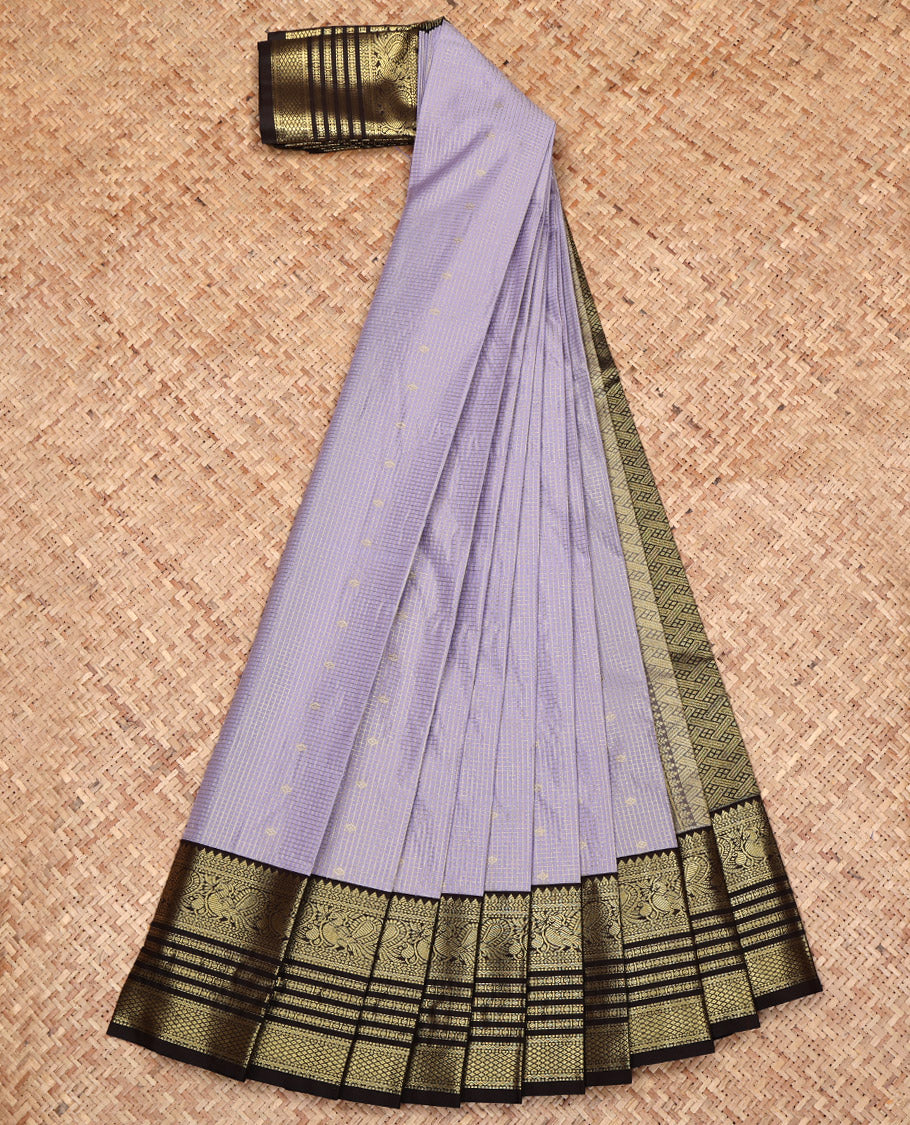 Light Grey Budget Silk Saree, Woven with Zari Buttas All Over Its Body, Complemented by a Contrast Traditional Zari Design Border, Grand Pallu, and Paired with a Contrast Blouse