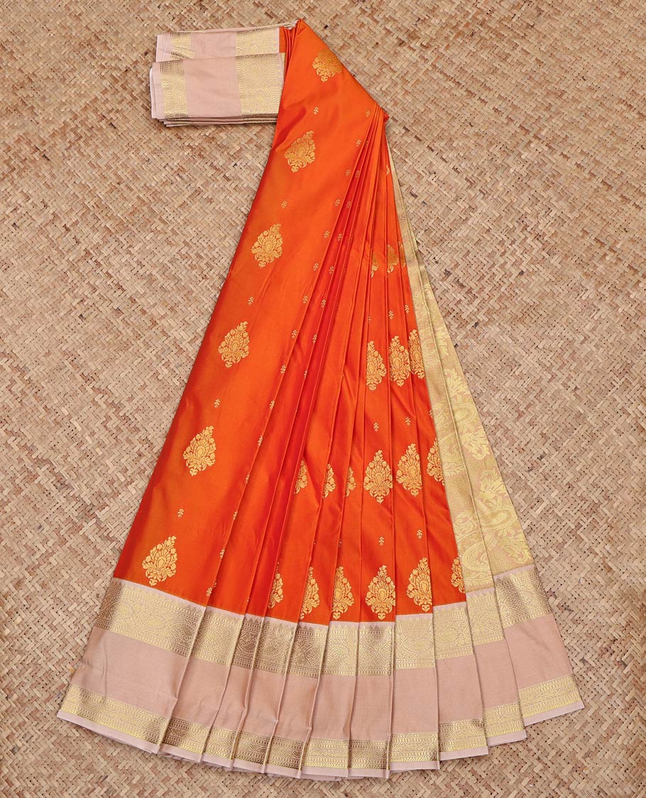 Orange Budget Silk Saree, Embellished with Zari Buttas on Its Body, Complemented by a Contrast Traditional Zari Design Rettai Pettu Border, Intricately Designed Pallu, and Paired with a Contrast Blouse