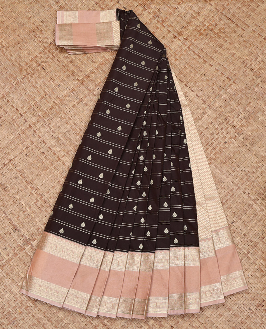 Chocolate Brown Budget Silk Saree, Richly Detailed with Zari Buttas and Stripes on Its Body, Complemented by a Contrast Traditional Zari Design Rettai Pettu Border, Pallu of Jaal Designs, and Paired with a Contrast Blouse