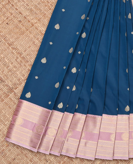 Blue Budget Silk Saree, Decked Up with Zari Buttas, Complemented by a Contrast Traditional Zari Design Border, Geometric Pallu, and a Contrast Blouse