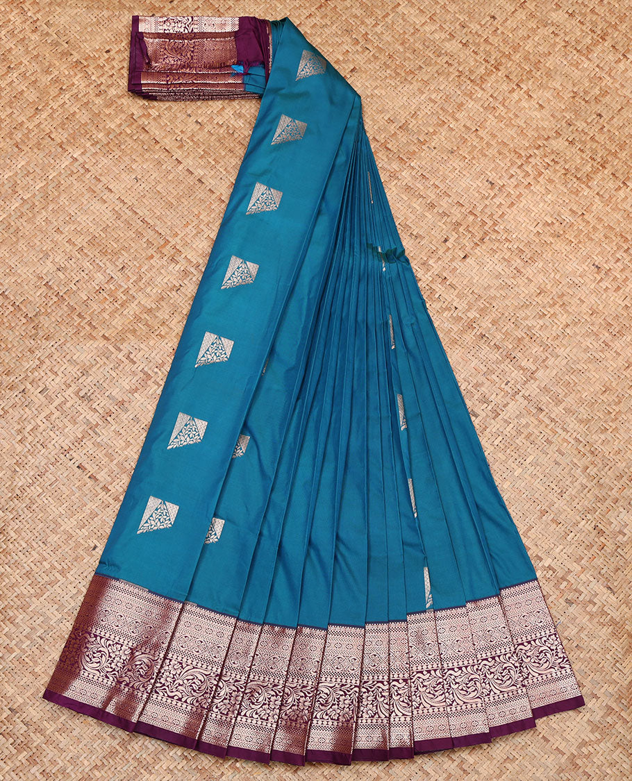 Blue Budget Silk Saree, Beautified with Zari Buttas, Complemented by a Contrast Traditional Zari Border, Pallu Steeped with Paisleys, and a Contrast Blouse