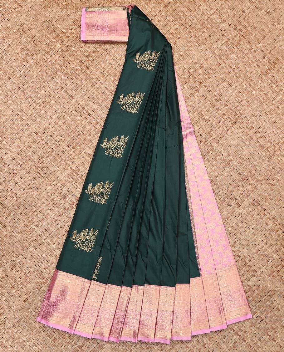 Deep Green Budget Silk Saree, Highlighted by Zari Buttas, Complemented by Contrast Traditional Zari Border, Grand Pallu and a Contrast Blouse