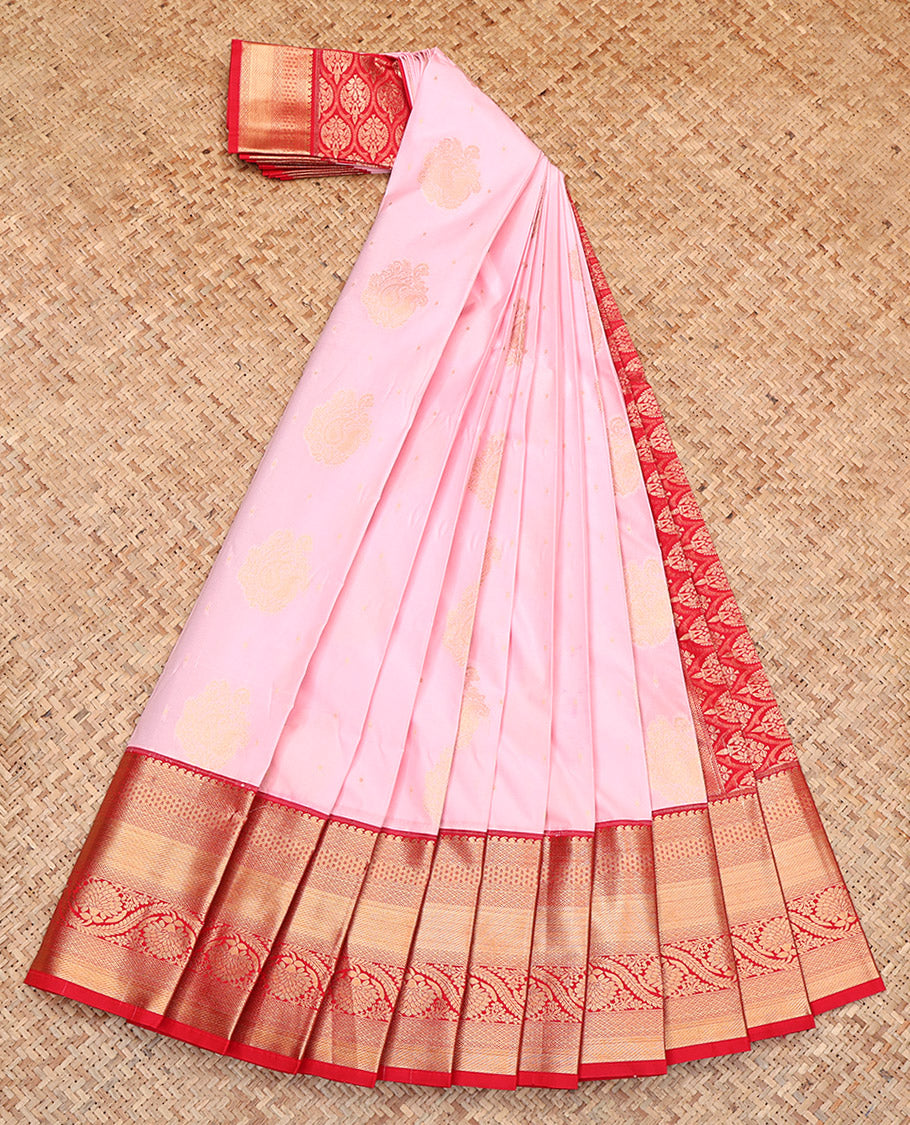 Pink Budget Silk Saree, Subtly Sparkled with Zari Buttas, Complemented by Contrast Tradittional Zari Border, Grand Pallu, and a Contrast Blouse