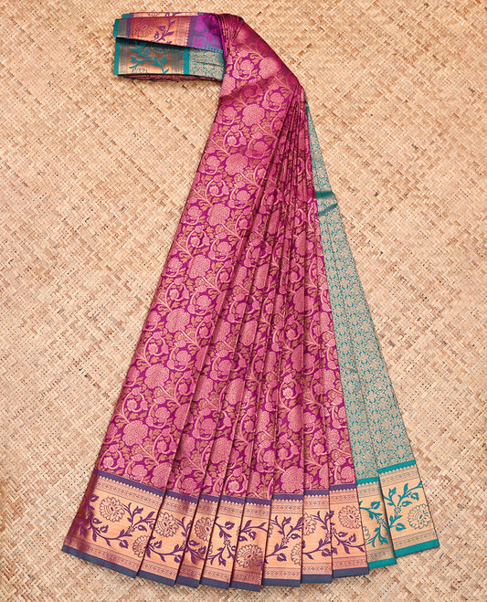 Purple Budget Silk Saree, Masterfully Woven with Floral Jaal Jacquard, a Contrast Traditional Zari Border, Grand Pallu and a Contrast Blouse