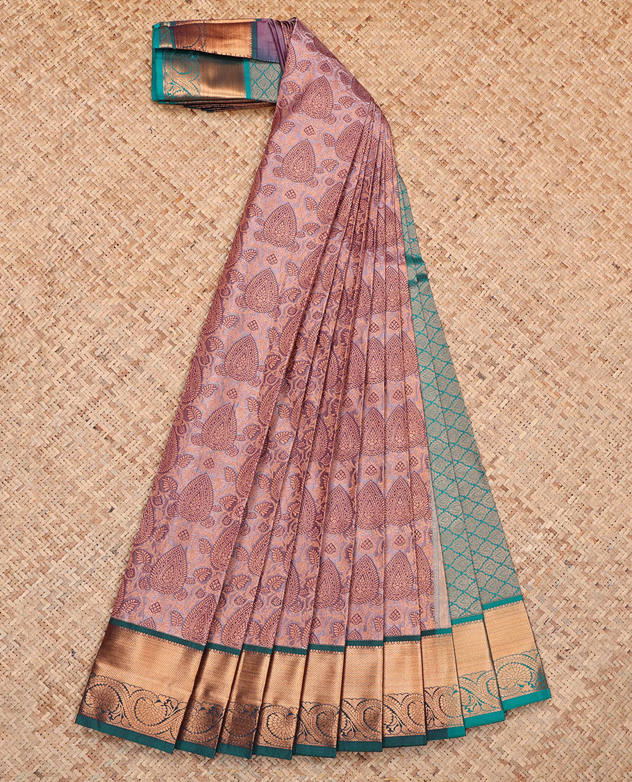 Mauve Budget Silk Saree, Spotlighted with Jacquard, Complemented by a Contrast Floral Creeper Zari Border, Jaal Pallu, and a Contrast Blouse