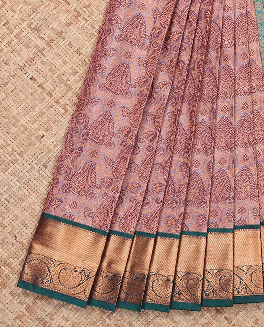 Mauve Budget Silk Saree, Spotlighted with Jacquard, Complemented by a Contrast Floral Creeper Zari Border, Jaal Pallu, and a Contrast Blouse