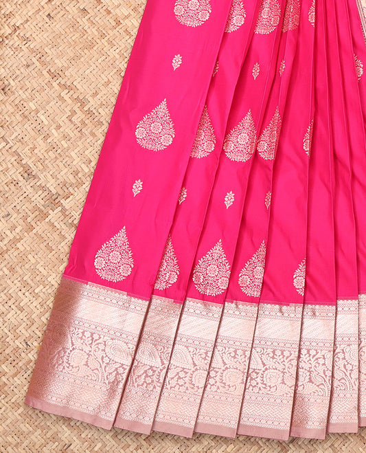 Pink Budget Silk Saree, Adorned with Zari Buttas, Complemented by a Contrast Traditional Zari Border, Jaal Pallu, and a Contrast Blouse