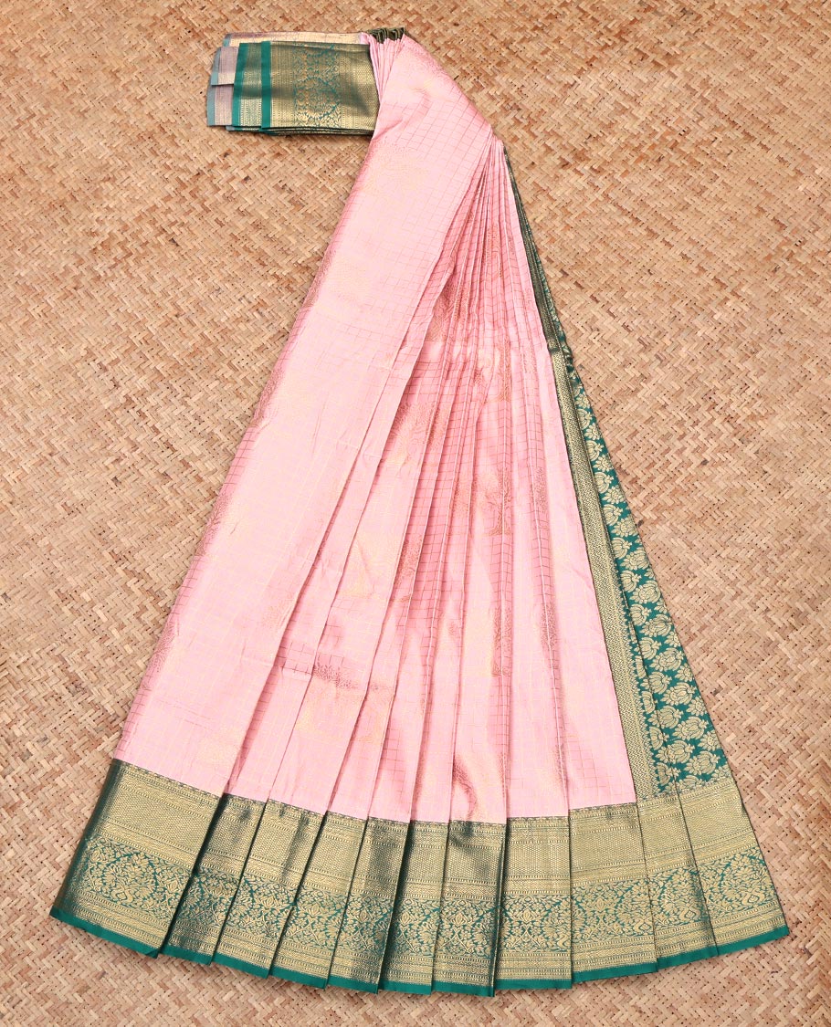 Pink Budget Silk Saree, Graced with Zari Buttas and Checks, Complemented by Contrast Traditional Zari Border, Intricate Pallu, and Contrast Blouse