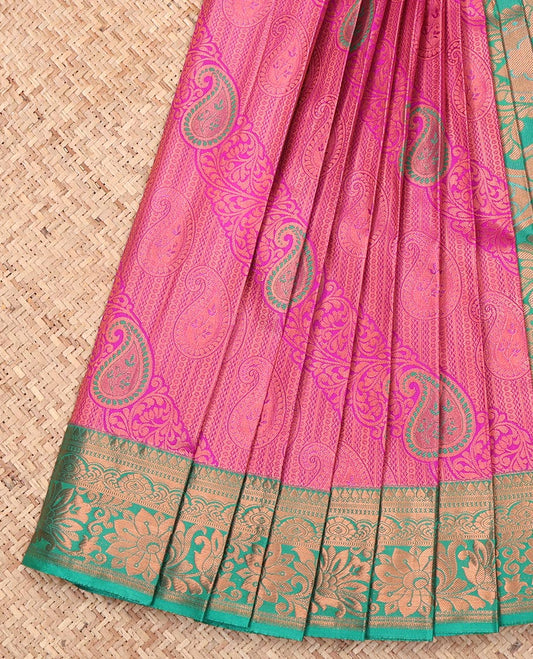Pink Budget Silk Saree, Detailed with Jacquard Design, Complemented by a Contrast Floral Creeper Zari Border, Grand Pallu, and a Contrast Blouse