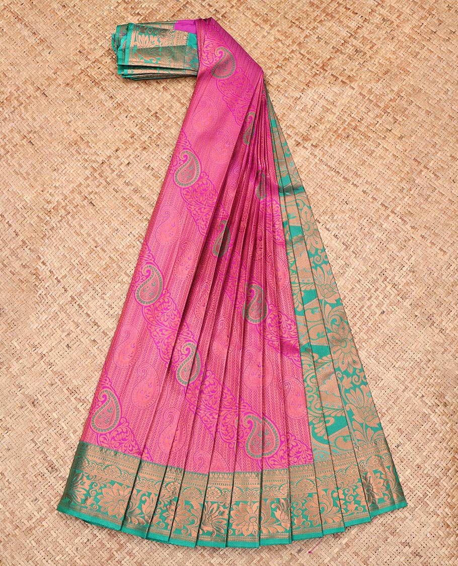 Pink Budget Silk Saree, Detailed with Jacquard Design, Complemented by a Contrast Floral Creeper Zari Border, Grand Pallu, and a Contrast Blouse