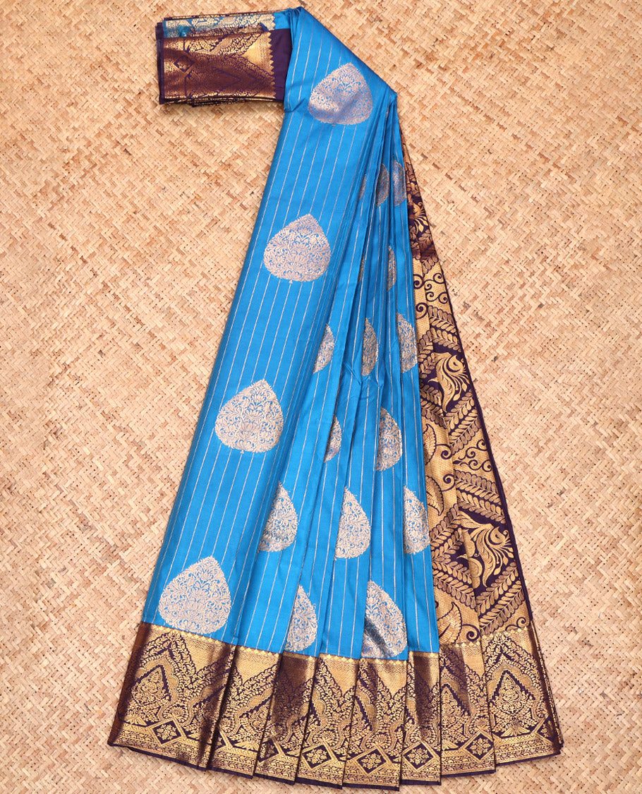 Blue Budget Silk Saree, Finely Crafted with Zari Buttas and Stripes, Complemented by a Contrast Traditional Border, Grand Pallu, and a Contrast Blouse