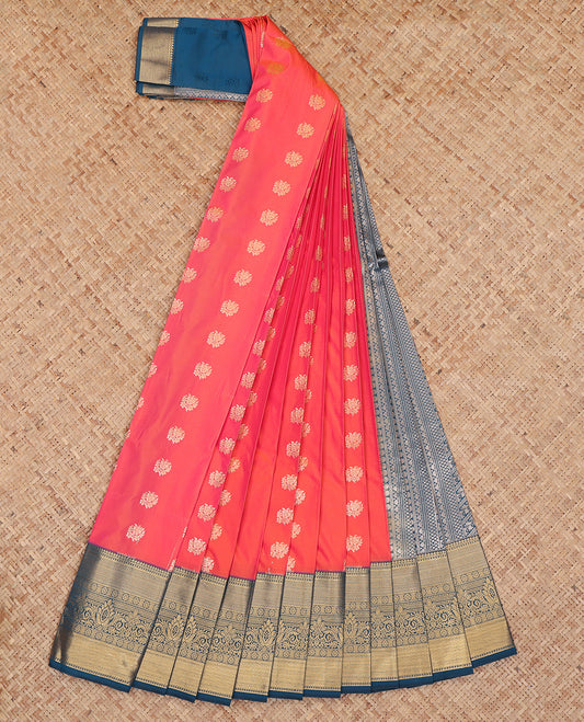 Orange  Budget Silk Saree, Adorned with Zari Buttas, Complemented by a Contrast Traditional Zari Border, Grand Pallu, and a Contrast Blouse