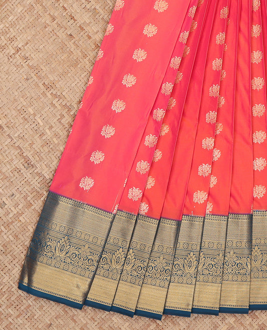 Orange  Budget Silk Saree, Adorned with Zari Buttas, Complemented by a Contrast Traditional Zari Border, Grand Pallu, and a Contrast Blouse