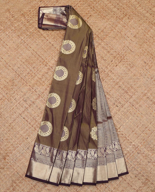 Brown Budget Silk Saree, Enhaced with Floral-Circular Buttas, a Contrast Traditional Peacock Zari Border, a Grand Pallu and a Contrast Blouse