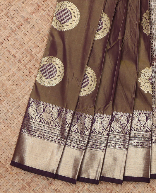 Brown Budget Silk Saree, Enhaced with Floral-Circular Buttas, a Contrast Traditional Peacock Zari Border, a Grand Pallu and a Contrast Blouse