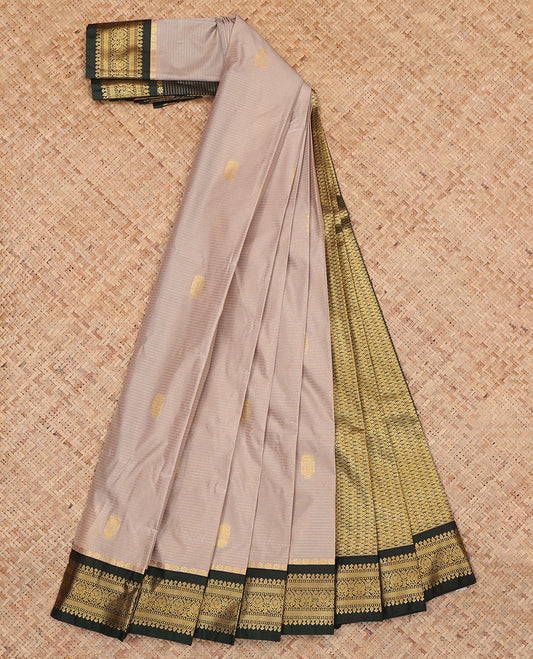 Grey Budget Silk Saree, Adorned with Zari Buttas and Stripes, Complemented by Contrast Traditional Zari Border, a Jaal Pallu and a Contrast Blouse