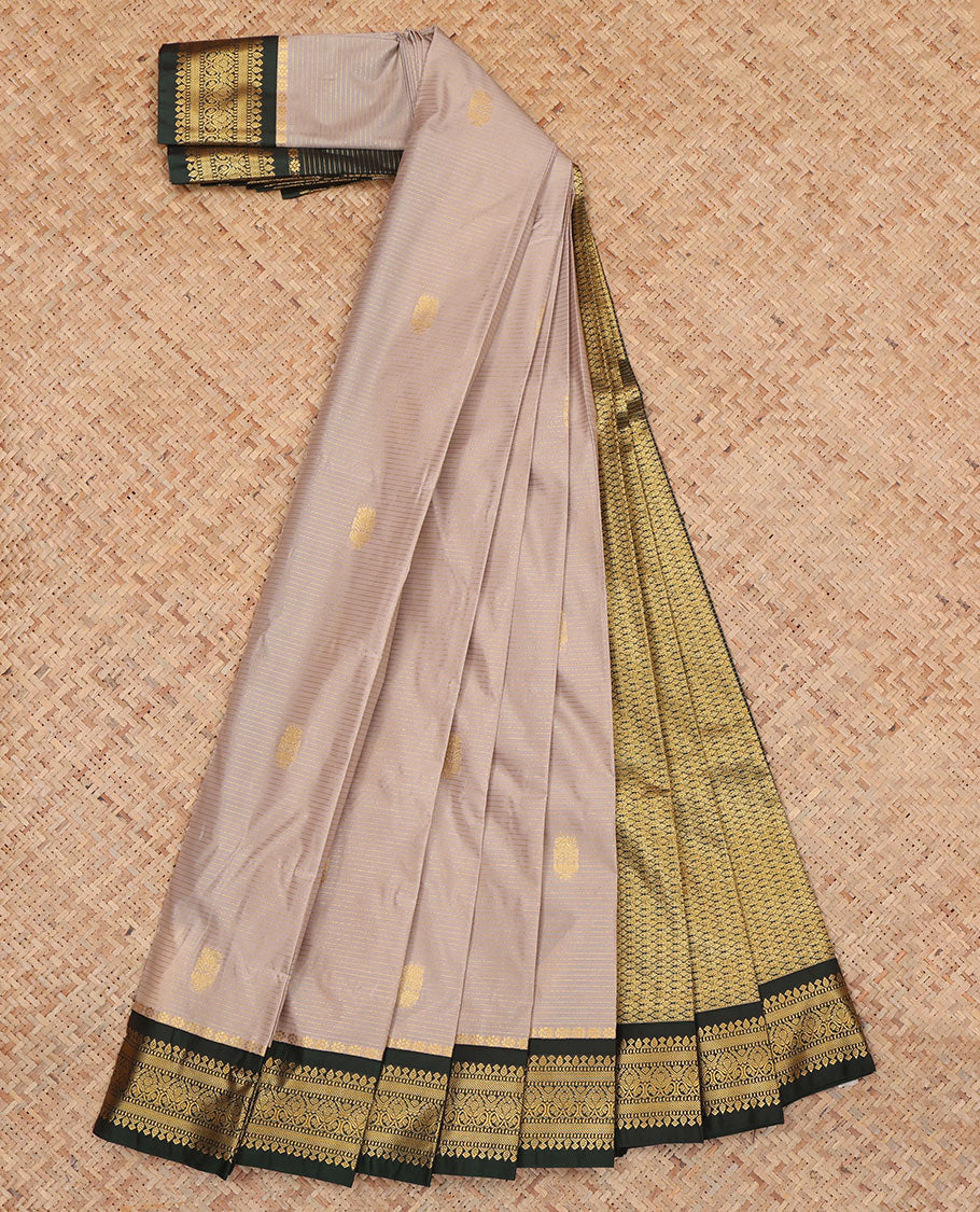 Grey Budget Silk Saree, Adorned with Zari Buttas and Stripes, Complemented by Contrast Traditional Zari Border, a Jaal Pallu and a Contrast Blouse