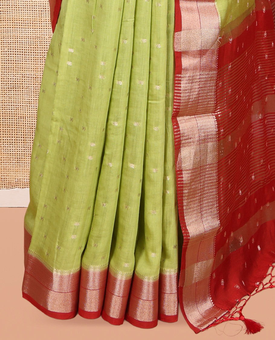 Green Assam Silk Saree, Graced with Zari Buttas, Complemented by Contrast Traditional Zari Border,  Zari Woven Pallu, and Contrast Blouse