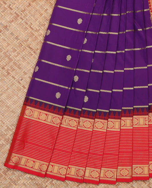 Purple Budget Silk Saree, Majestically Detailed with Zari Buttas and Stripes, a Contrast Traditional Zari Border, Jaal Pallu, and a Contrast Blouse