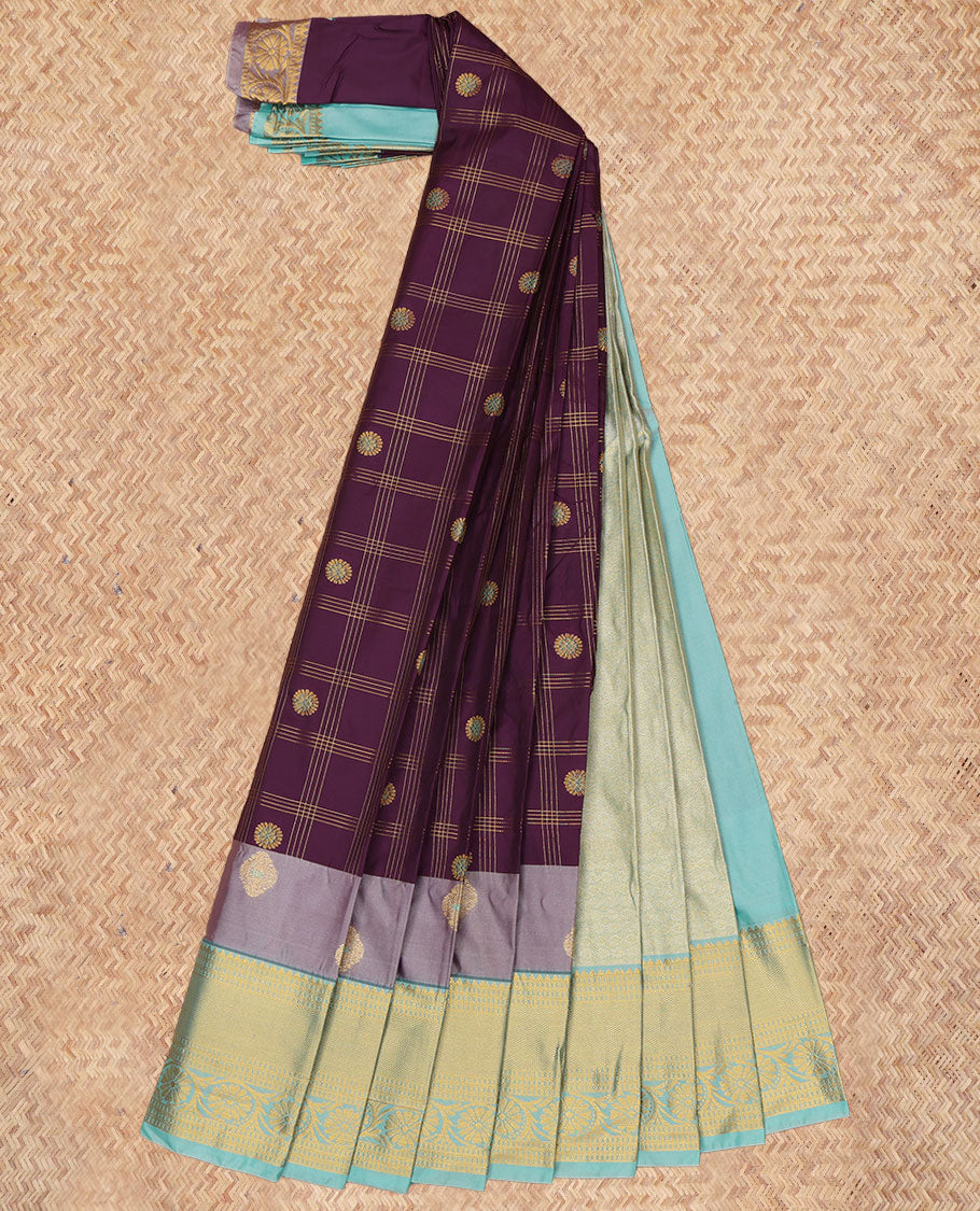 Purple Budget Silk Saree, Elevated with Zari Buttas Enclosed Checks, a Contrast Traditional Zari Border, Grand Pallu, and a Contrast Blouse