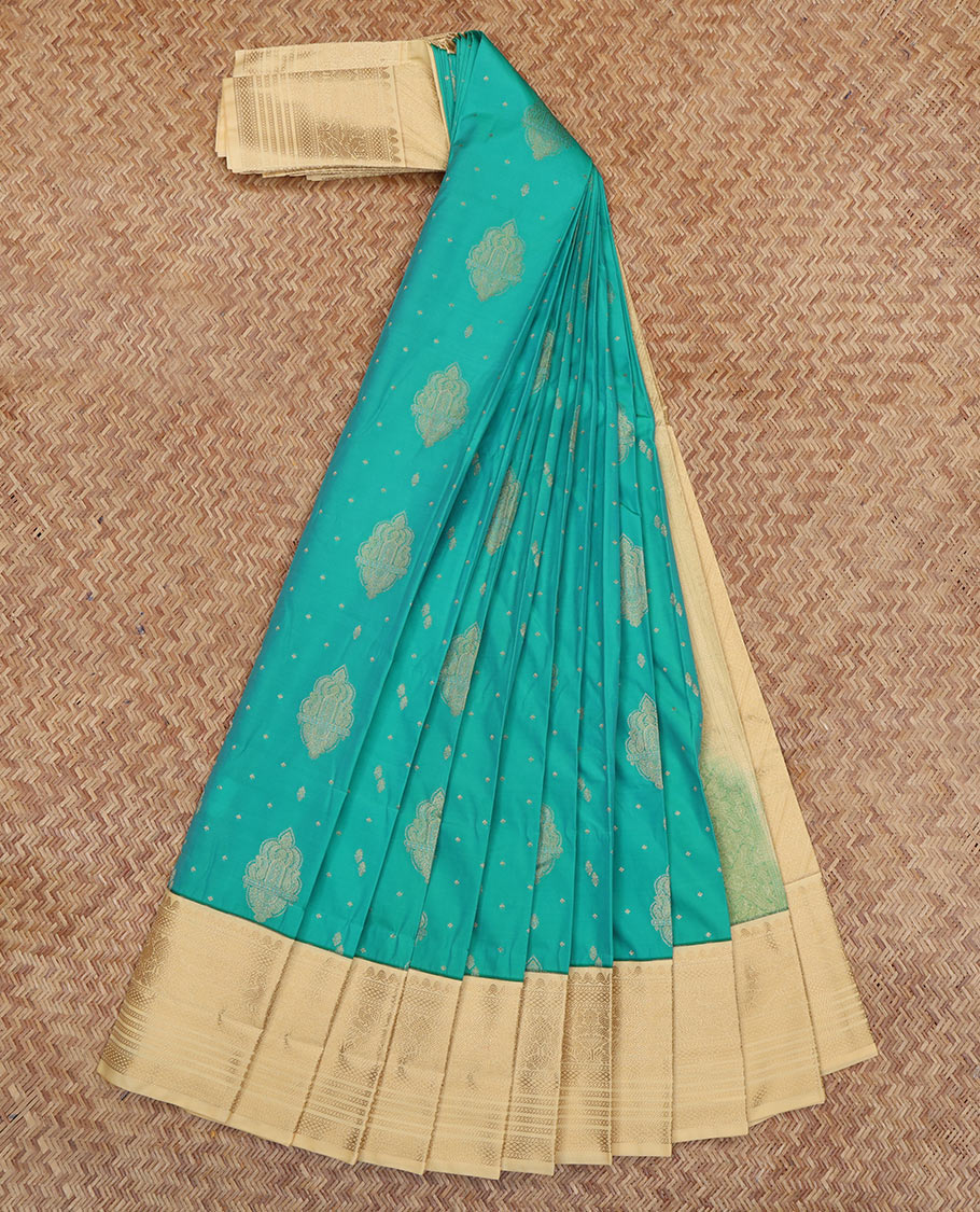 Blue Budget Silk Saree, Enthralled with Zari Buttas, a Contrast Traditional Zari Border, Grand Pallu, and a Contrast Blouse