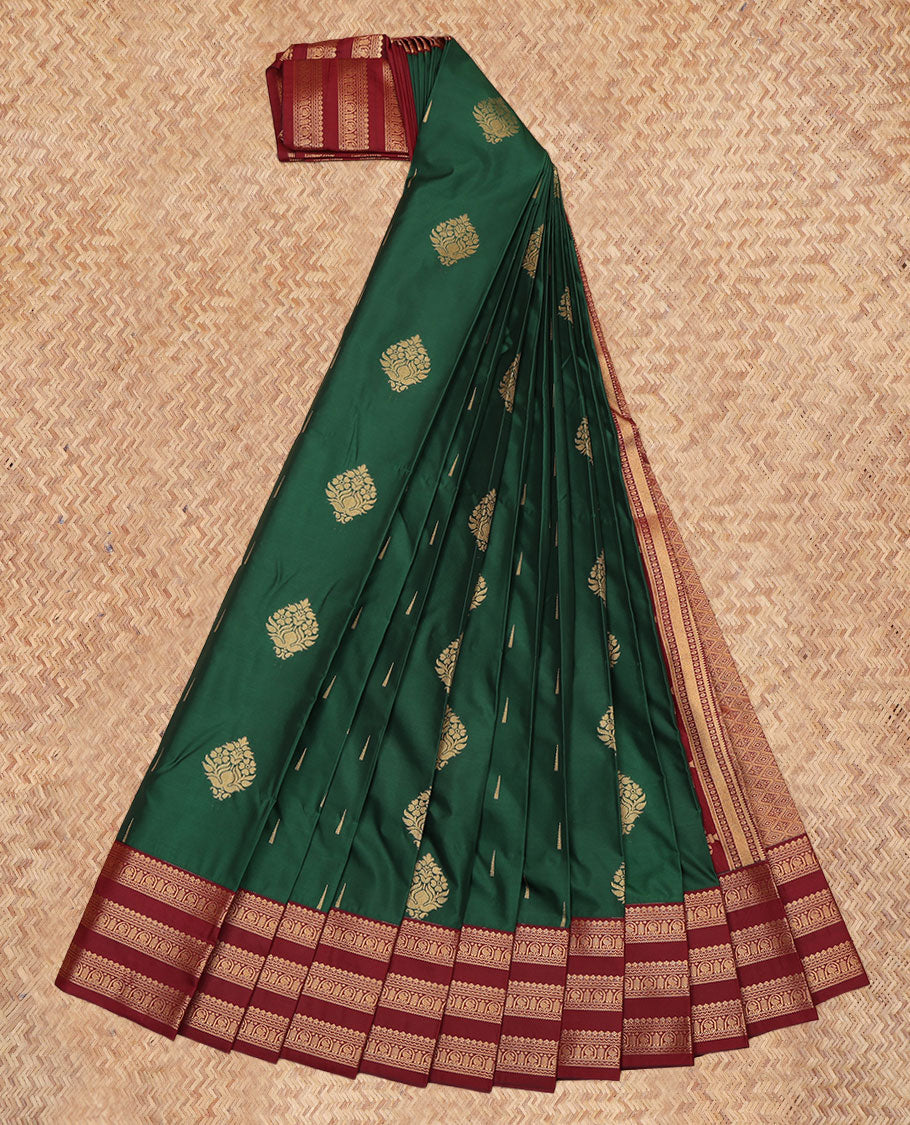 Green Budget Silk Saree, Detailed with Zari Buttas, a Contrast Traditional Zari Border, Intricate Pallu, and a Contrast Blouse
