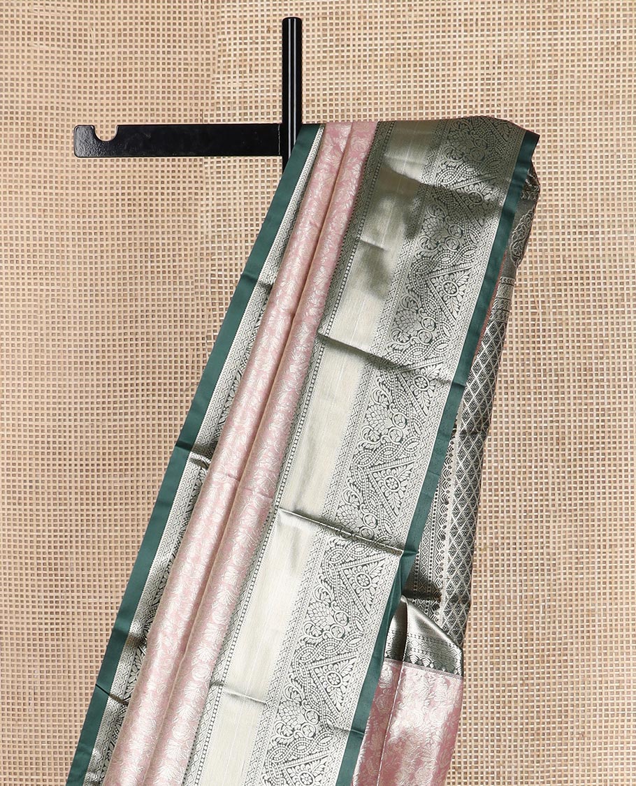 Pastel pink jacquard budget silk saree, contrast traditional zari border, and jaal pallu