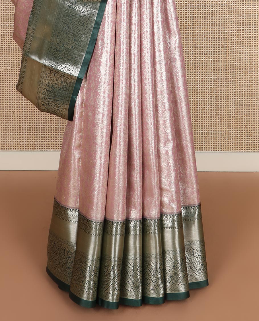 Pastel pink jacquard budget silk saree, contrast traditional zari border, and jaal pallu