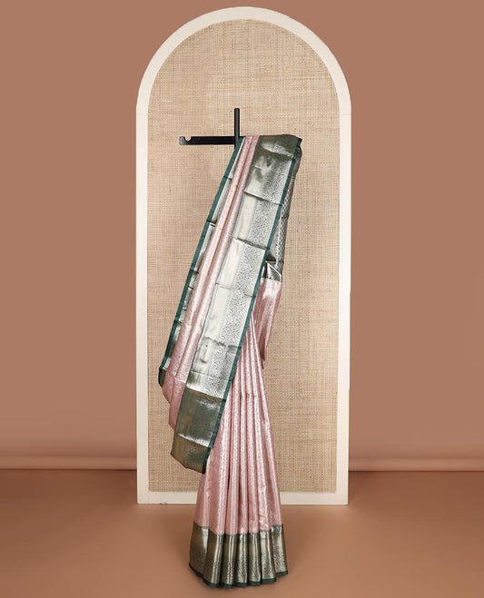 Pastel pink jacquard budget silk saree, contrast traditional zari border, and jaal pallu