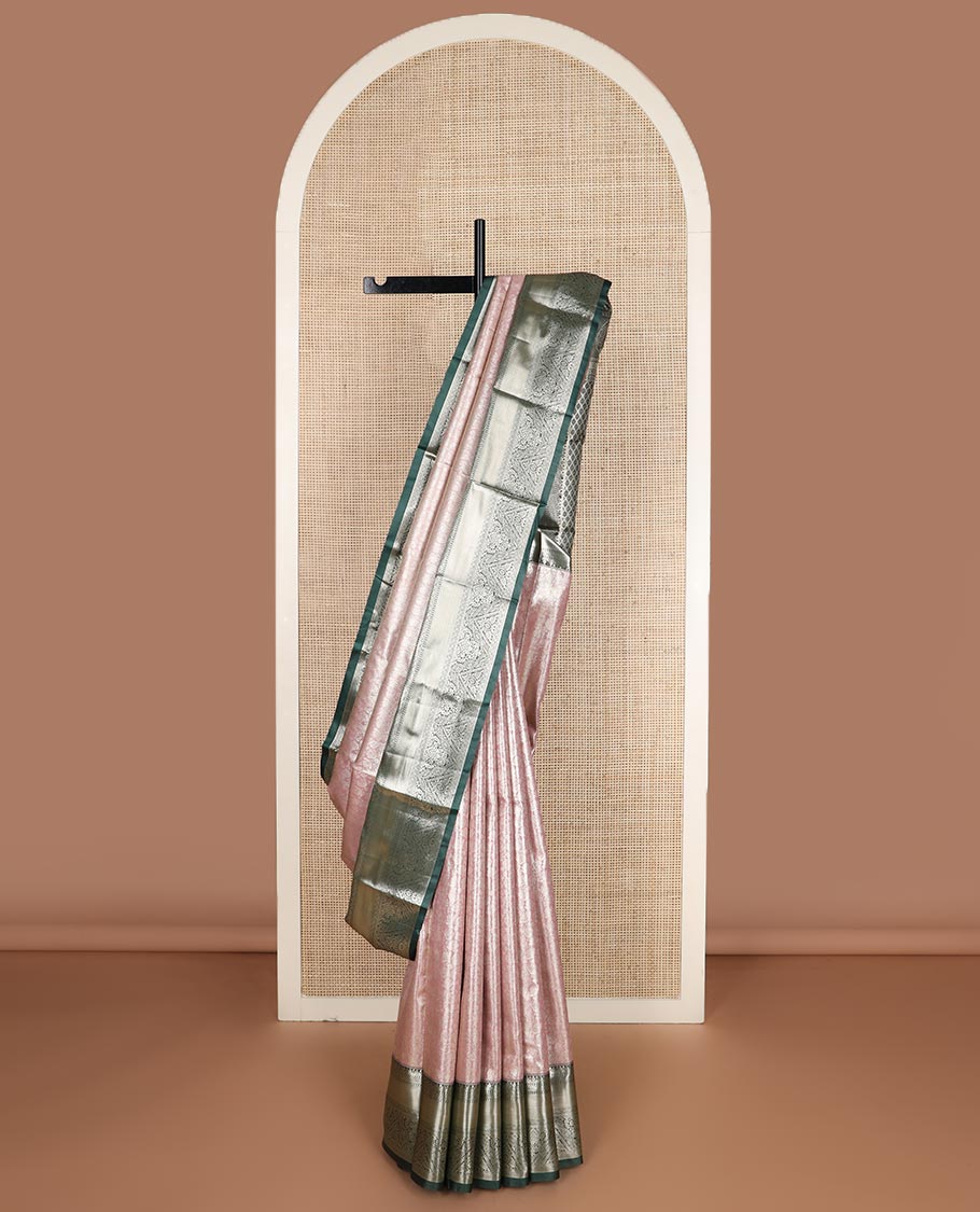Pastel pink jacquard budget silk saree, contrast traditional zari border, and jaal pallu