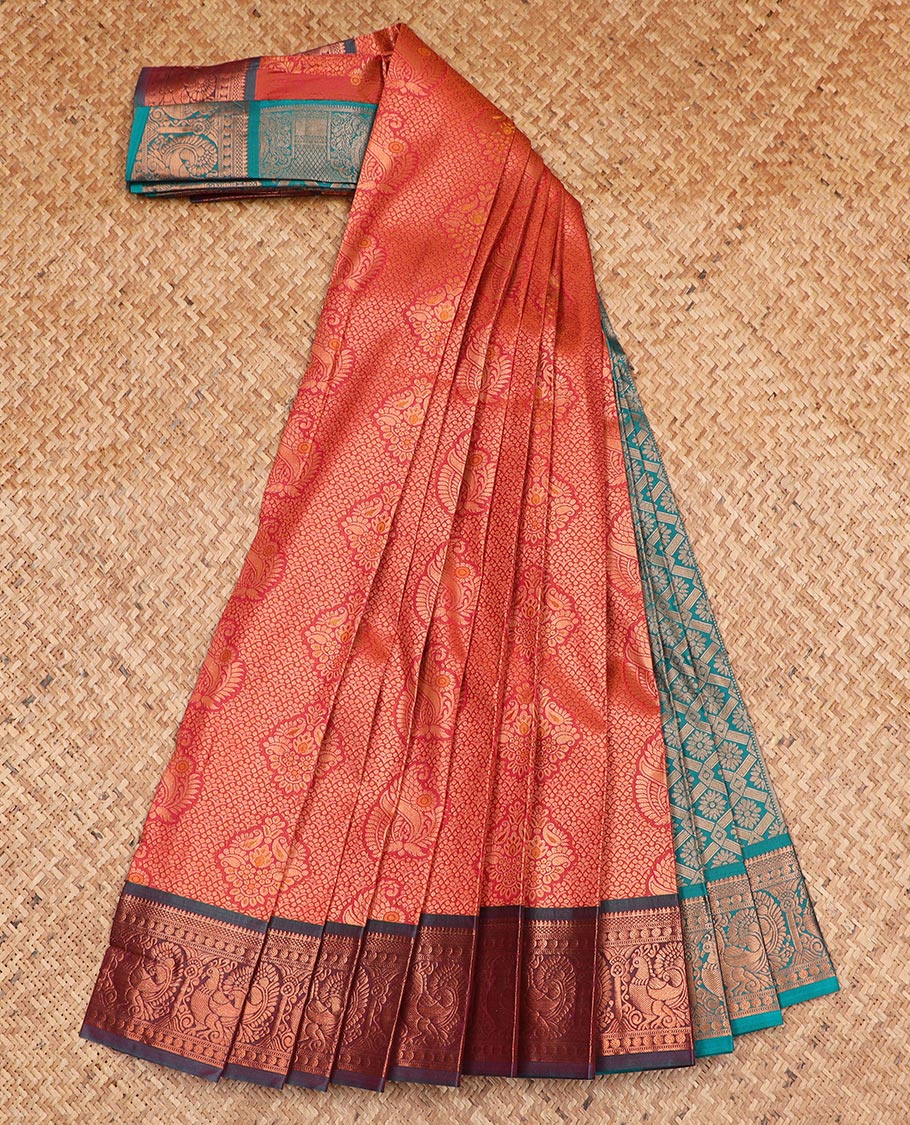 Red jacquard gift saree, contrast traditional zari rettai pettu border, and zari-rich jaal pallu