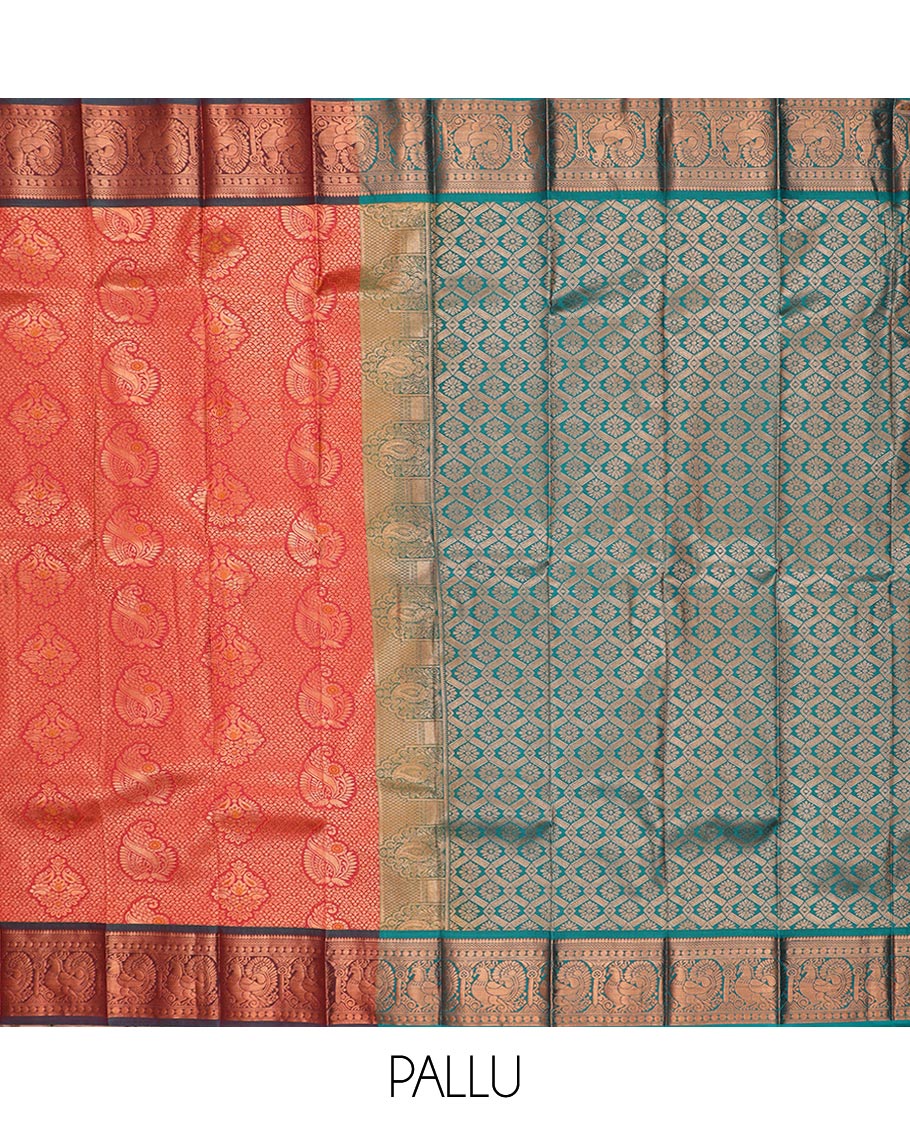 Red jacquard gift saree, contrast traditional zari rettai pettu border, and zari-rich jaal pallu