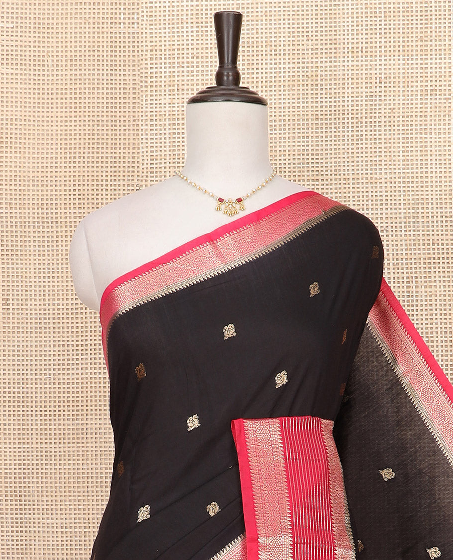 Black peacock buttas Assam silk saree, contrast traditional zari border, and pallu of zari designs