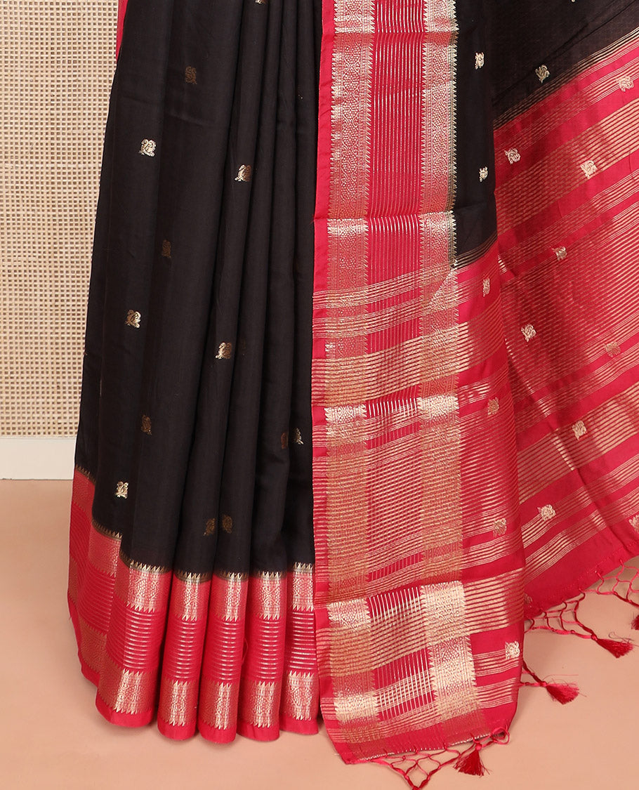 Black peacock buttas Assam silk saree, contrast traditional zari border, and pallu of zari designs