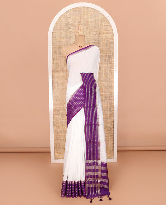 White Plain Assam Silk Saree, Complemented by Contrast Traditional Zari Design Border, Pallu Adorned  with Zari Stripes, and Paired with a Contrast Blouse